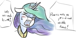 Size: 1069x538 | Tagged: safe, artist:post-it, princess celestia, g4, blushing, colored sketch, crying, dialogue, dungeon meshi, eyes closed, female, floppy ears, lewd, open mouth, parody, sketch, solo, sweatdrop, text, yelling