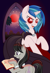 Size: 1524x2232 | Tagged: dead source, safe, artist:pony-paint, dj pon-3, octavia melody, vinyl scratch, pony, unicorn, vampire, my roommate is a vampire, g4, blood moon, book, butt, duo, fangs, female, hooves, horn, mare, moon, night, open mouth, plot, show accurate, teeth, vinyl the vampire, window