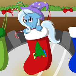 Size: 3000x3000 | Tagged: safe, artist:vanillaghosties, trixie, pony, unicorn, g4, candy, candy cane, christmas, christmas stocking, cute, diatrixes, female, food, high res, mare, sock, solo, tiny, tiny ponies