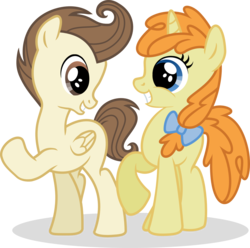 Size: 1989x1970 | Tagged: safe, artist:pony-paint, pound cake, pumpkin cake, pegasus, pony, unicorn, g4, brother and sister, cake twins, colt, duo, female, filly, male, older, raised hoof, show accurate, siblings, smiling
