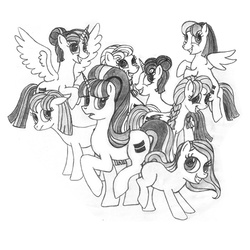Size: 595x595 | Tagged: safe, artist:missappolonia, applejack, fluttershy, pinkie pie, rainbow dash, rarity, starlight glimmer, twilight sparkle, oc, alicorn, pony, g4, bad end, blank flank, equal cutie mark, equalized, fanfic art, female, grayscale, grin, mane six, mare, monochrome, sketch, smiling, the unequal, this will end in communism, traditional art, twilight sparkle (alicorn)