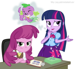 Size: 1258x1152 | Tagged: safe, artist:pony-paint, cheerilee, spike, twilight sparkle, dog, equestria girls, g4, cheerilee is not amused, dog ate my homework, homework, show accurate, spike the dog, unamused
