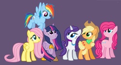 Size: 1218x656 | Tagged: safe, applejack, fluttershy, pinkie pie, rainbow dash, rarity, twilight sparkle, alicorn, pony, g4, alternate hairstyle, female, mane six, mare, older, twilight sparkle (alicorn)