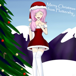 Size: 3555x3555 | Tagged: safe, artist:emerlees, fluttershy, human, g4, christmas, clothes, cute, cutie mark, female, high res, humanized, sexy, smiling, snow, socks, solo