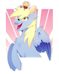 Size: 1024x1295 | Tagged: safe, artist:samandriilrf, derpy hooves, pegasus, pony, g4, abstract background, balancing, female, food, mare, muffin, solo