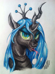 Size: 716x960 | Tagged: safe, artist:ivory crescent, queen chrysalis, changeling, changeling queen, g4, crown, fangs, female, jewelry, portrait, regalia, solo, tongue out