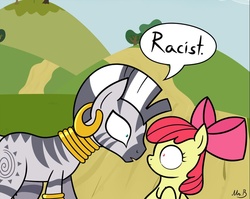 Size: 991x788 | Tagged: safe, artist:mrbastoff, apple bloom, zecora, zebra, g4, comic, racism, reaction image, that's racist, when she doesn't rhyme