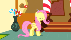 Size: 634x356 | Tagged: safe, screencap, fluttershy, pinkie pie, rarity, earth pony, pegasus, pony, unicorn, g4, putting your hoof down, animated, candy, candy cane, eyes closed, female, flying, food, graceful, horn, lollipop, smiling, sugarcube corner