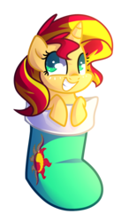 Size: 1028x1762 | Tagged: safe, artist:drawntildawn, sunset shimmer, pony, unicorn, g4, christmas, christmas stocking, colored pupils, cute, female, shimmerbetes, solo