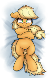 Size: 2000x3002 | Tagged: safe, artist:heir-of-rick, applejack, earth pony, pony, daily apple pony, g4, angry, applejack is not amused, bed, body pillow, body pillow design, cute, female, freckles, frown, grumpy, high res, jackabetes, looking at you, madorable, mare, messy mane, sad, solo, staring into your soul, tsundere, tsunjack, unhapplejack