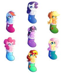 Size: 4500x5200 | Tagged: safe, artist:drawntildawn, edit, applejack, fluttershy, pinkie pie, rainbow dash, rarity, sunset shimmer, twilight sparkle, pony, g4, absurd resolution, alternate mane seven, c:, christmas, christmas stocking, cute, grin, looking at you, mane six, smiling, smirk, squee