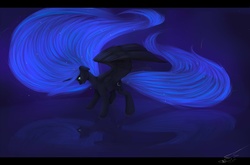 Size: 2560x1690 | Tagged: safe, artist:nightskrill, princess luna, g4, female, looking down, reflection, solo, spread wings, stars