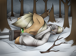 Size: 2600x1900 | Tagged: safe, artist:jadekettu, applejack, earth pony, pony, g4, clothes, female, finland, forest, gun, hooves, lying down, mare, one eye closed, prone, rifle, simo häyhä, sniper, sniper rifle, snow, solo, tree, war, weapon, white death, winter, winter war