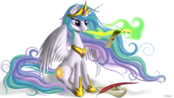 Size: 3200x1800 | Tagged: safe, artist:awalex, princess celestia, alicorn, pony, g4, female, fire, fire breath, magic, mare, quill, scroll, simple background, sitting, solo, spread wings, telekinesis, transparent background