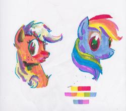 Size: 2527x2248 | Tagged: safe, artist:explonova, applejack, rainbow dash, earth pony, pegasus, pony, g4, bust, c:, d:, duo, female, high res, mare, marker drawing, markers, open mouth, smiling, traditional art