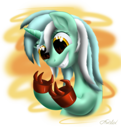 Size: 2365x2500 | Tagged: safe, artist:awalex, lyra heartstrings, g4, cheshire cat grin, crossover, eye reflection, female, futurama, grin, hand, high res, lyra's humans, male, robotic hand, solo, that pony sure does love hands, the devil's hands are idle playthings