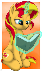 Size: 1013x1725 | Tagged: safe, artist:conscious-aberration, sunset shimmer, pony, unicorn, g4, book, female, magic, reading, solo, telekinesis