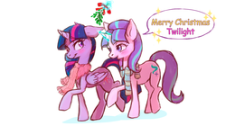 Size: 1024x573 | Tagged: dead source, safe, artist:naminzo, starlight glimmer, twilight sparkle, alicorn, pony, g4, blushing, christmas, clothes, female, lesbian, mare, mistletoe, scarf, ship:twistarlight, shipping, twilight sparkle (alicorn)