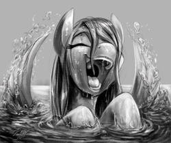 Size: 900x753 | Tagged: safe, artist:tsitra360, fluttershy, pegasus, pony, g4, cute, female, grayscale, happy, mare, monochrome, shyabetes, smiling, solo, splashing, swimming, water