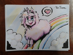 Size: 1280x960 | Tagged: safe, artist:taritoons, oc, oc only, oc:fluffle puff, pink fluffy unicorns dancing on rainbows, fake horn, german comic con, rainbow, traditional art