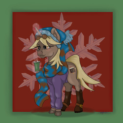 Size: 900x900 | Tagged: safe, artist:littlewolfstudios, oc, oc only, oc:hipster amp, pony, unicorn, chocolate, clothes, commission, female, food, hat, hot chocolate, scarf, solo, sweater