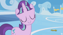 Size: 848x472 | Tagged: safe, screencap, starlight glimmer, pony, unicorn, g4, season 5, the cutie re-mark, animated, cloudsdale, cute, discovery family logo, female, flag, glimmerbetes, head tilt, mare, metronome, open mouth, outdoors, smiling, solo, standing, starlight's tilt, talking