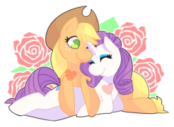 Size: 2185x1601 | Tagged: safe, artist:realalfred, applejack, rarity, g4, female, flower, heart, lesbian, rose, ship:rarijack, shipping, simple background, snuggling