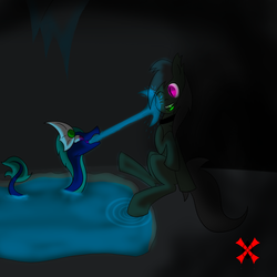 Size: 1280x1280 | Tagged: safe, artist:askhypnoswirl, oc, oc only, oc:maraco arco, bat pony, dragon, pony, ask, cave, collar, glowing, glowing eyes, glowing tongue, playing, pond, smiling, swimming pool, tumblr, water