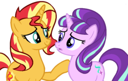 Size: 828x522 | Tagged: safe, artist:berrypunchrules, starlight glimmer, sunset shimmer, pony, unicorn, equestria girls, g4, base used, simple background, transparent background