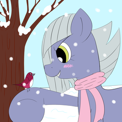 Size: 2000x2000 | Tagged: safe, artist:periodicbrony, limestone pie, bird, earth pony, pony, g4, 30 minute art challenge, blushing, clothes, cute, female, high res, limabetes, mare, scarf, snow, snowfall, solo