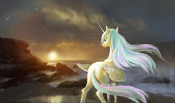 Size: 5400x3200 | Tagged: safe, artist:tiger-type, princess celestia, alicorn, pony, g4, absurd resolution, featured image, female, fluffy, looking at something, mare, missing accessory, ocean, outdoors, rear view, scenery, solo, sunbutt, sunrise, traditional art, windswept mane