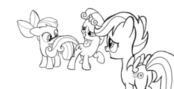 Size: 1600x817 | Tagged: safe, artist:neversure, apple bloom, scootaloo, sweetie belle, pegasus, pony, unicorn, g4, blushing, butt, cutie mark crusaders, female, filly, foal, lesbian, monochrome, plot, seduction, ship:sweetiebloom, shipping, sketch, tail seduce, wrong cutie mark