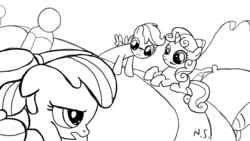 Size: 1280x720 | Tagged: safe, artist:neversure, apple bloom, scootaloo, sweetie belle, g4, blushing, cutie mark crusaders, female, lesbian, monochrome, ship:scootabelle, shipping, sketch