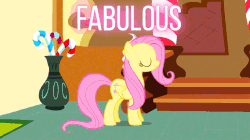 Size: 634x356 | Tagged: safe, edit, edited screencap, screencap, fluttershy, pinkie pie, rarity, earth pony, pegasus, pony, unicorn, g4, putting your hoof down, animated, candy, candy cane, fabulous, female, food, graceful, horn, image macro, lollipop, meme