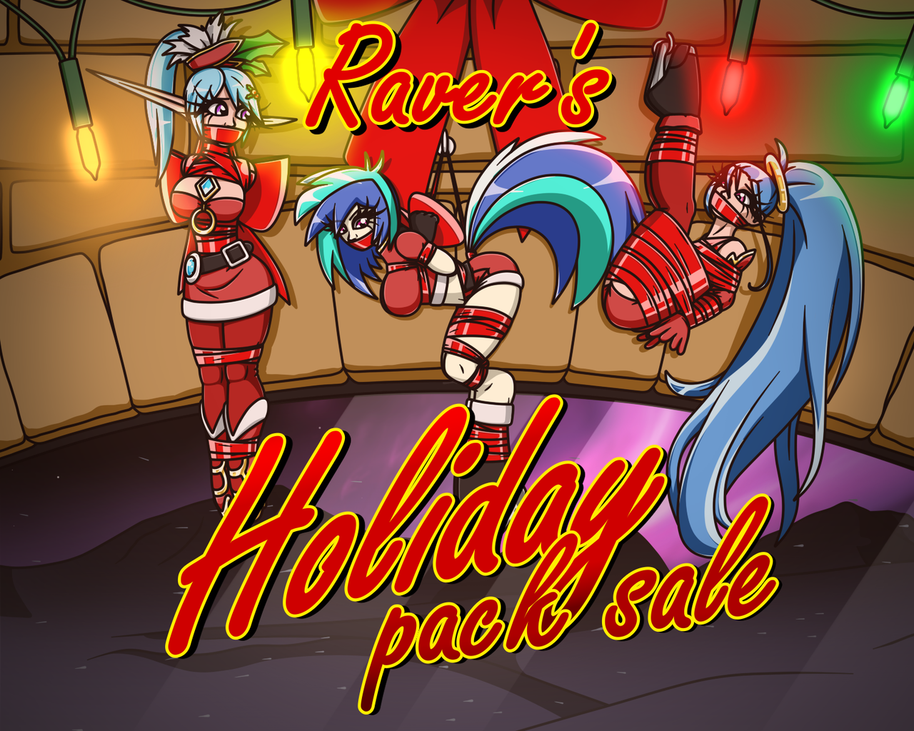 #1038697 - suggestive, artist:raver1357, dj pon-3, vinyl scratch, human,  art pack, art pack cover, bondage, breasts, christmas, crossover, gag,  hearth's warming, hearth's warming eve, holiday, holiday special,  humanized, rope, sale, suspended, tailed ...