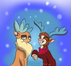 Size: 836x780 | Tagged: safe, artist:alorix, arizona (tfh), velvet (tfh), cow, deer, reindeer, them's fightin' herds, antlers, clothes, cloven hooves, community related, female, gradient background, lesbian, shipping, velvezona, velvezona daily