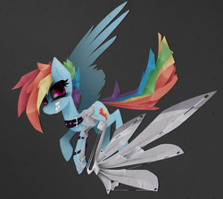 Size: 1280x1148 | Tagged: safe, artist:zmei-kira, rainbow dash, pegasus, pony, g4, alternate timeline, amputee, apocalypse dash, artificial wings, augmented, collar, crystal war timeline, dark background, female, grin, mare, prosthetic limb, prosthetic wing, prosthetics, smiling, solo, spiked collar, wings