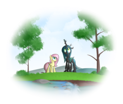 Size: 1280x1083 | Tagged: dead source, safe, artist:bakasan, fluttershy, queen chrysalis, bird, changeling, changeling queen, pegasus, pony, g4, cute, cutealis, fangs, featured image, friendship, frown, looking up, river, scenery, shyabetes, simple background, smiling, transparent background, tree