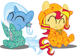 Size: 2440x1778 | Tagged: safe, artist:spellboundcanvas, sunset shimmer, trixie, pony, unicorn, g4, :t, bottle, clothes, cookie, cute, daaaaaaaaaaaw, diatrixes, drinking, eyes closed, foal, food, footed sleeper, messy eating, milk, pajamas, puffy cheeks, shimmerbetes, smiling, weapons-grade cute