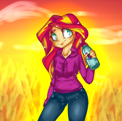 Size: 2520x2495 | Tagged: safe, artist:ayammirai, sunset shimmer, equestria girls, g4, beautiful, clothes, cute, female, high res, hoodie, jeans, nail polish, pants, sexy, shimmerbetes, shiny, shiny skin, smiling, solo, water bottle