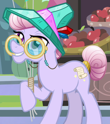 Size: 482x546 | Tagged: safe, screencap, amethyst maresbury, crystal pony, pony, g4, the crystal empire, cropped, elderly, female, glasses, hat, hoof hold, mare, solo