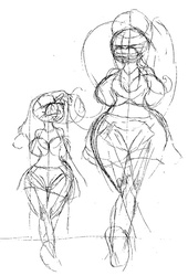 Size: 390x574 | Tagged: safe, artist:requiems-dirge, fluttershy, twilight sparkle, human, g4, green isn't your color, breasts, busty fluttershy, busty twilight sparkle, eared humanization, female, horn, horned humanization, humanized, monochrome, rough sketch, scene interpretation, size comparison, sketch, tailed humanization, winged humanization, wip
