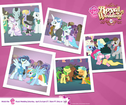 Size: 1920x1600 | Tagged: safe, apple fritter, applejack, bon bon, bruce mane, carrot top, cloud kicker, coco crusoe, dizzy twister, doctor whooves, eclair créme, fancypants, fine line, golden harvest, lightning bolt, linky, lyra heartstrings, masquerade, maxie, meadow song, minuette, orange swirl, orion, pinkie pie, rainbow dash, rainbowshine, rarity, sea swirl, seafoam, shoeshine, shooting star (character), soarin', spike, star gazer, sweetie belle, sweetie drops, time turner, white lightning, earth pony, pegasus, pony, unicorn, a canterlot wedding, g4, official, advertisement, apple family member, bow (instrument), bowtie, bridesmaid, bridesmaid dress, cake, clothes, dancing, dress, everyday i'm shufflin', female, flower filly, flower girl, flower girl dress, food, goggles, hat, hub logo, lying down, male, mare, marriage, musical instrument, my little pony logo, necktie, old cutie mark, only on the hub, ring bearer, royal wedding, stallion, top hat, tuxedo, uniform, violin, violin bow, wallpaper, wedding, wedding cake, wonderbolts uniform
