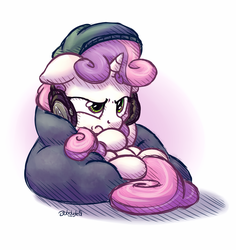 Size: 1100x1166 | Tagged: safe, artist:bobdude0, sweetie belle, pony, unicorn, g4, cute, diasweetes, female, filly, grumpy, grumpy belle, headphones, pouting, solo, sweetie belle is not amused