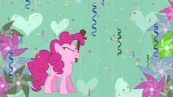 Size: 1280x720 | Tagged: safe, screencap, pinkie pie, earth pony, pony, g4, season 1, the ticket master, female, mare, mouth hold, pinkie's gala fantasy song, pinwheel (toy), solo, streamers, youtube link