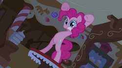 Size: 1280x720 | Tagged: safe, screencap, pinkie pie, earth pony, pony, bridle gossip, g4, belly, bipedal, evil enchantress, female, hub logo, indoors, logo, mare, on table, round belly, solo, standing, sugarcube corner, the hub, youtube link