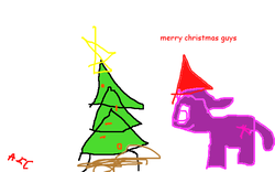Size: 640x400 | Tagged: safe, artist:anoninchains, twilight sparkle, pony, unicorn, g4, 1000 hours in ms paint, christmas, christmas ornament, christmas star, christmas tree, comic sans, decoration, female, hat, holiday, mare, missing horn, ms paint, profile, santa hat, simple background, smiling, stars, tree, white background