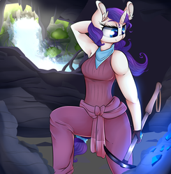Size: 2500x2550 | Tagged: safe, artist:madacon, edit, rarity, oc, oc:ivory, anthro, plantigrade anthro, ultimare universe, g4, alternate universe, armpits, cave, female, high res, pickaxe, solo, waterfall