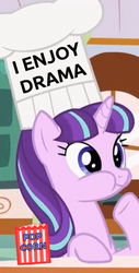 Size: 304x600 | Tagged: safe, edit, edited screencap, screencap, starlight glimmer, g4, the cutie re-mark, :t, drama, female, food, hilarious in hindsight, needs more jpeg, nom, popcorn, puffy cheeks, reaction image, smiling, solo, starlight drama