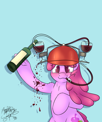 Size: 2917x3500 | Tagged: safe, artist:jorobro, berry punch, berryshine, g4, alcohol, drinking hat, female, food, hat, high res, majestic as fuck, simple background, solo, wine, wine bottle, wine glass
